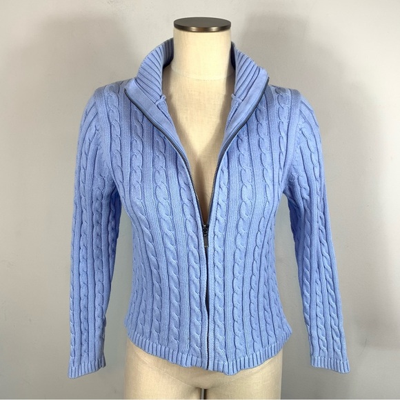 LL Bean Blue Double L Mixed Cable Knit Zip Front Cotton Cardigan Size MP - Picture 3 of 10